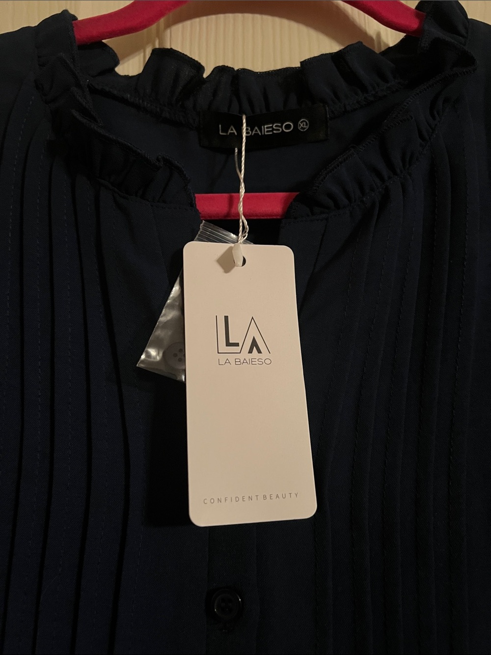 Pleated Navy Button-Front Blouse with Ruffle Collar - Picture 4 of 5